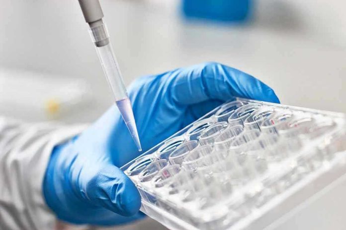 Gloved hand pipetting liquid into a tray
