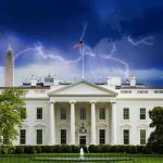 White House under stormy sky with lightning bolts