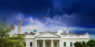 White House under stormy sky with lightning bolts
