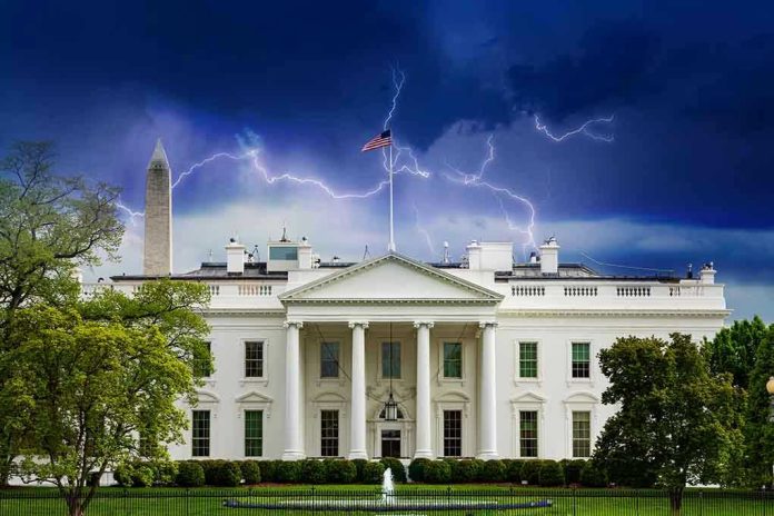 White House under stormy sky with lightning bolts