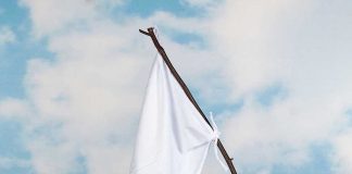 Hand holding white flag against a blue sky