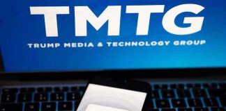 TMTG and Truth Social logos on screen and phone.