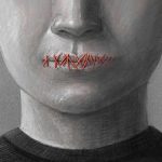 Face with mouth sewn shut in red thread