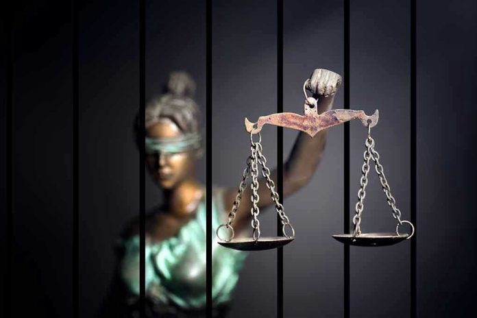 Blindfolded Lady Justice statue holding scales behind bars.