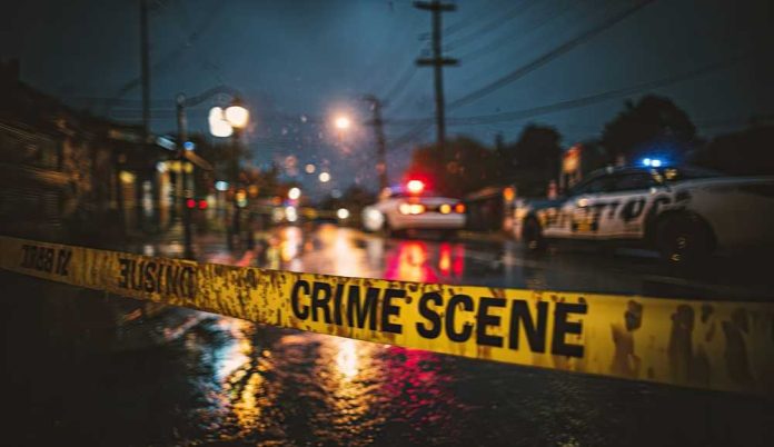 shutterstock_2730578571 Police cars at a crime scene with caution tape in the foreground