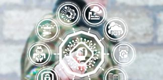 Person in camouflage touches virtual interface with cybersecurity and technology icons