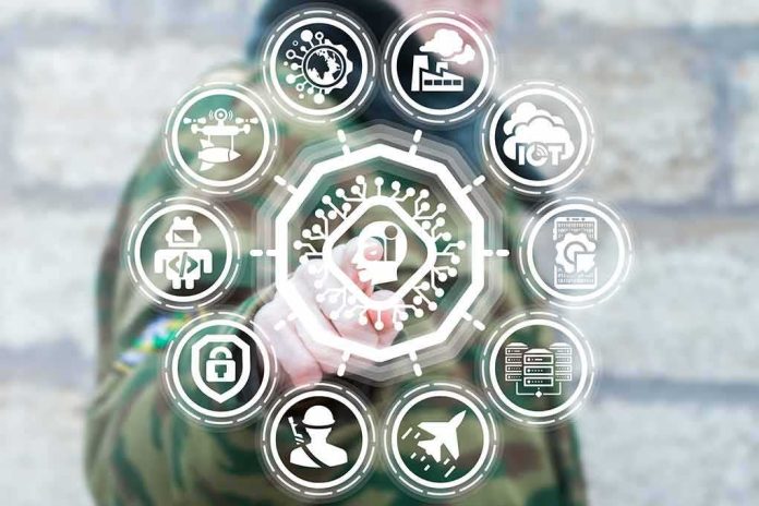 shutterstock_1045491424 Person in camouflage touches virtual interface with cybersecurity and technology icons