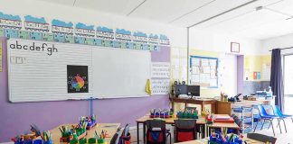 Elementary classroom with arranged desks and colorful supplies