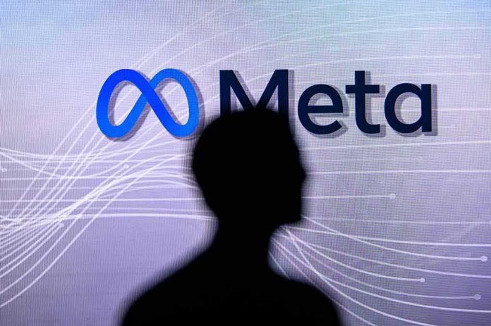 silhouette in front of Meta logo on screen