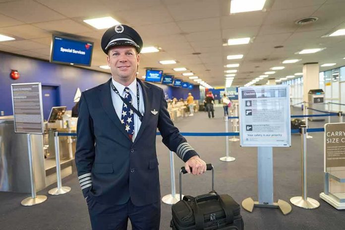 shutterstock_433291228 Airline pilot standing in airport check-in area with rolling bag