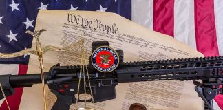 Rifle with NRA badge on Constitution backdrop with scales and gavel