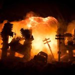 City ruins ablaze with a massive explosion behind collapsed buildings