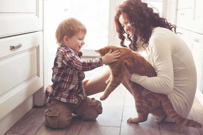 toddler petting orange cat held by woman on kitchen floor