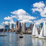 Sailboats on a harbor with a modern city skyline under a blue sky