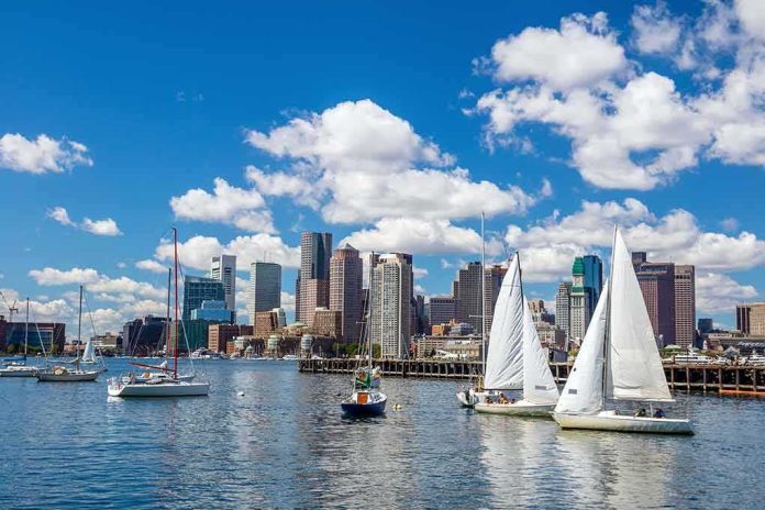Sailboats on a harbor with a modern city skyline under a blue sky