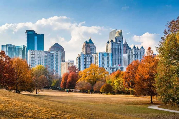 City skyline behind a park with autumn trees