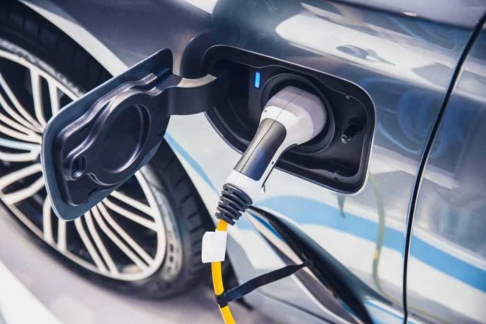 Electric car charging port with plugged-in connector
